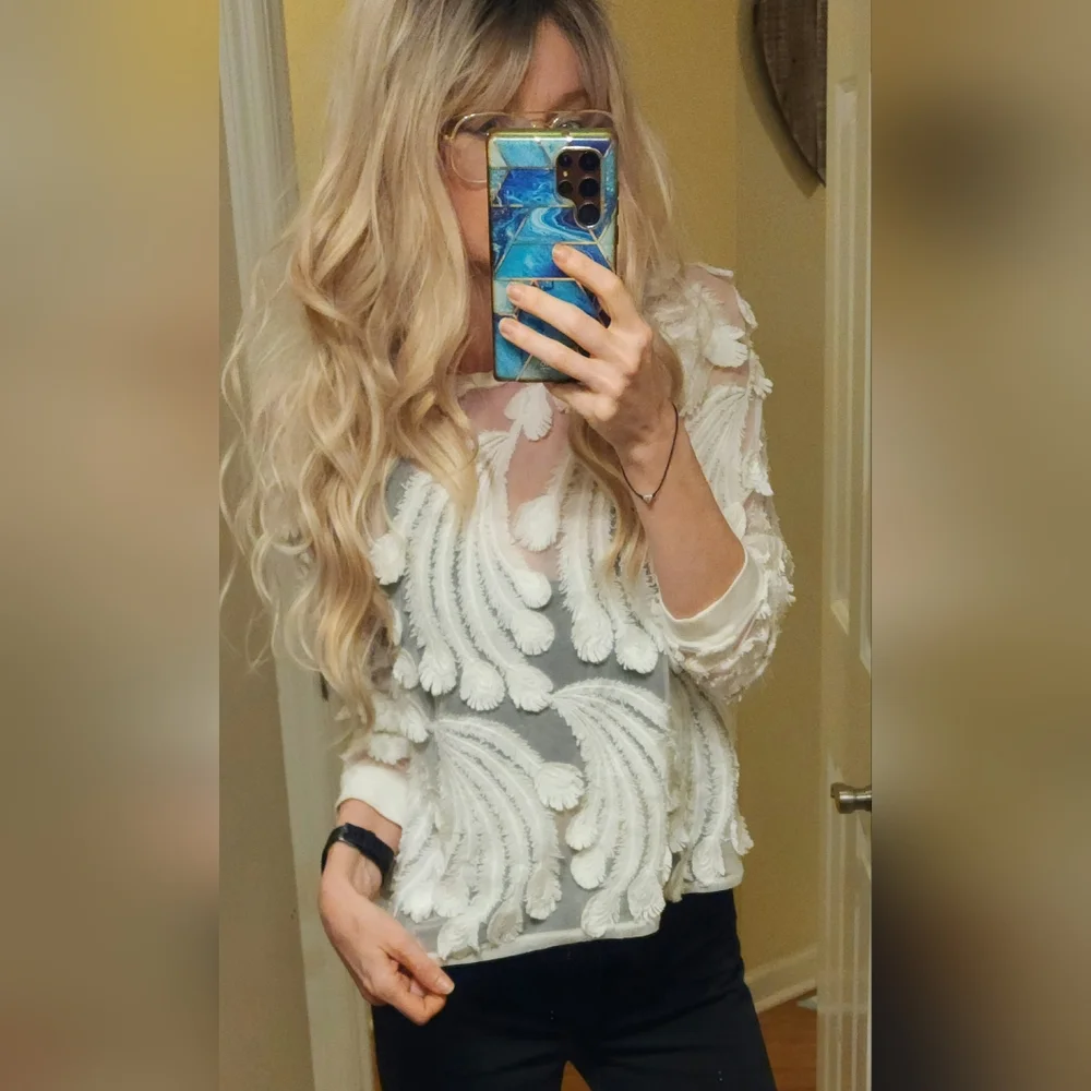 Anthropologie White Textured Feathered Blouse